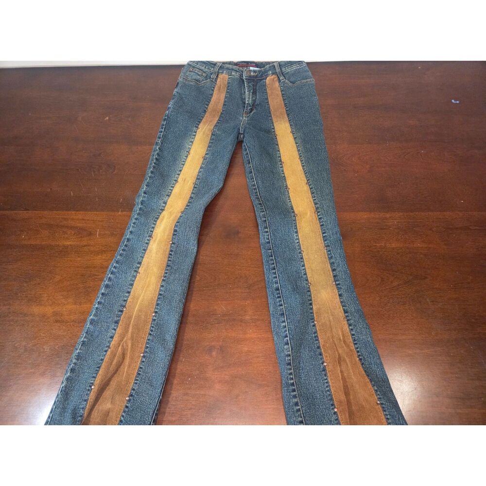 Joana Design Studded Denim Jeans w/ Tan Corduroy Stripes Size 9/10 Vintage Y2K
